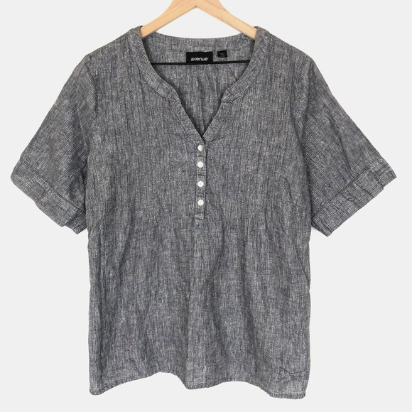 AVENUE Linen Cotton Metallic Top Sz 18/20 Gray Pintuck Short Sleeve Blouse - Picture 1 of 11